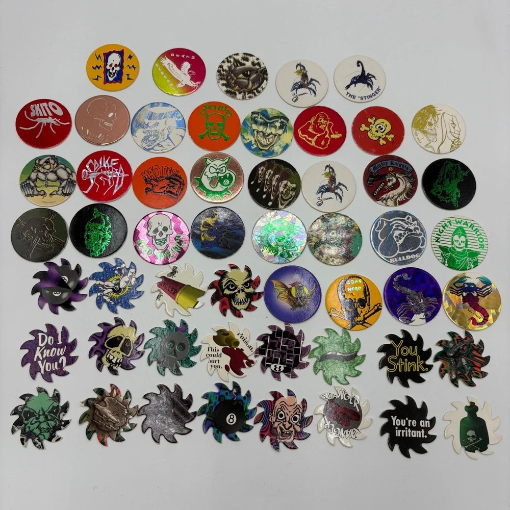 Vintage Pogs & Saw-blade Lot 53pc Skulls Poison 8-Ball 90s Games Good to Great